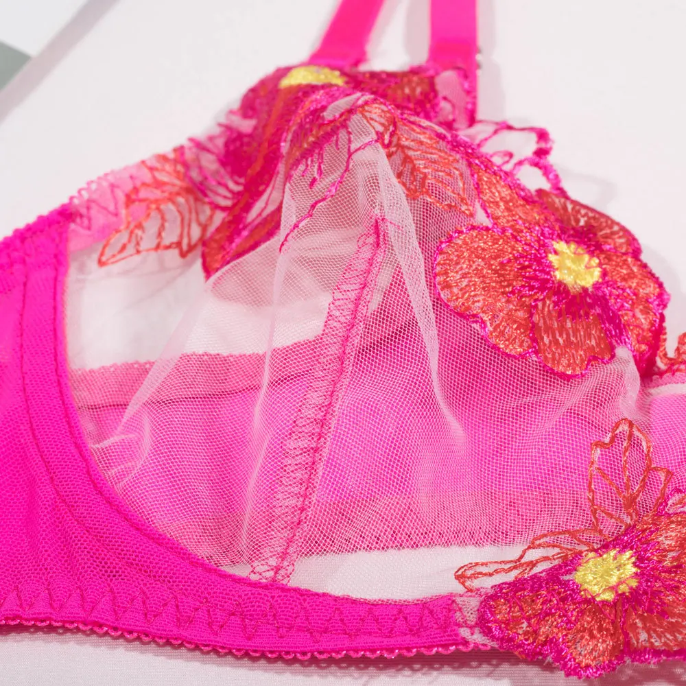 Womens Lingerie Set Embroidery Mesh Bra Garter Belt Lace Underwear Sexy Comfort Bralette Conjunto Lenceria Mujer