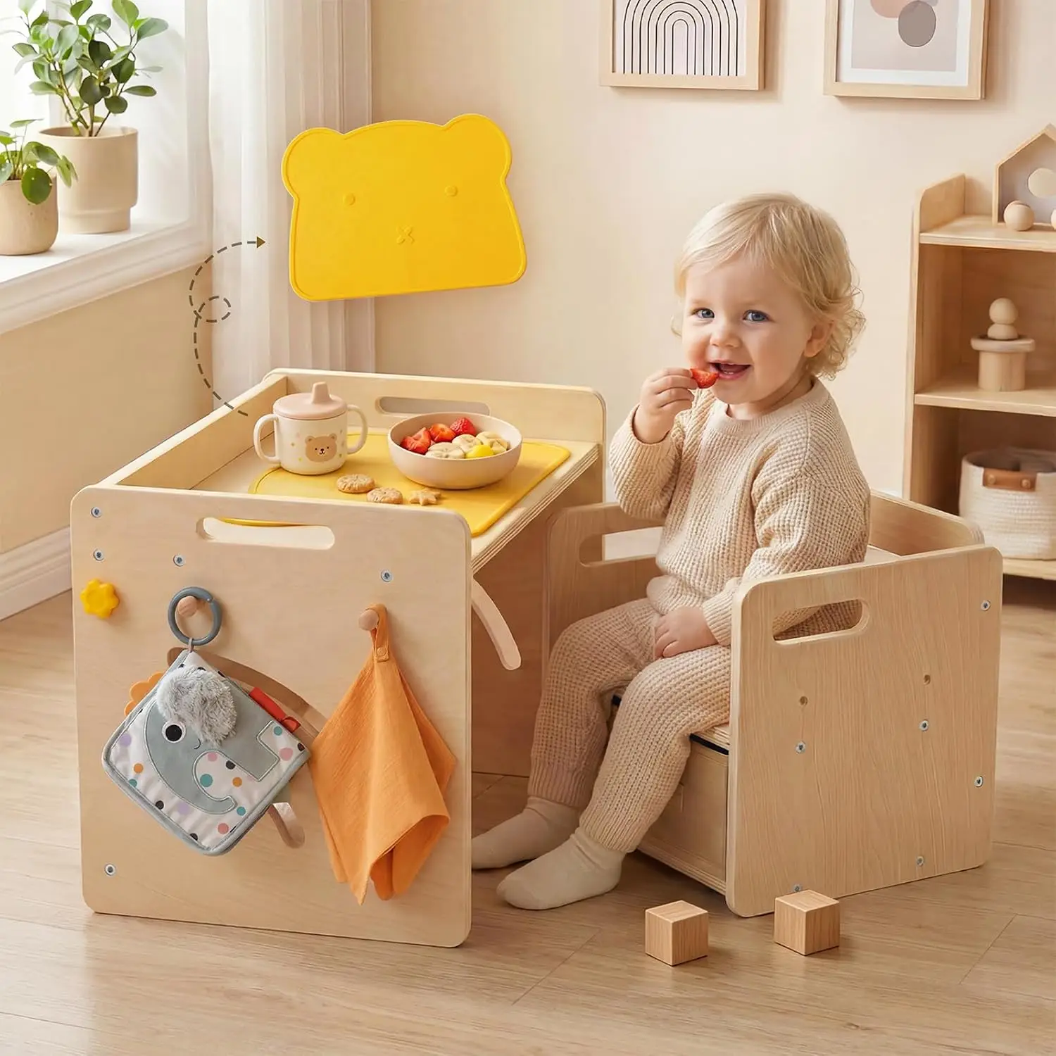Adjustable Montessori Toddler Weaning Table and Chair Set with Storage Box and Table Mat, Ideal Baby Furniture Gift for 1-3 Year Old Kids Learning, Play, and Mealtime