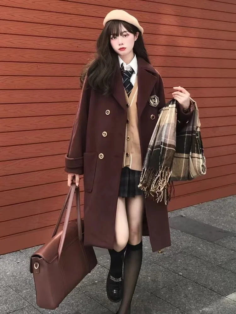 British Winter Retro College Coat Sweet Solid Color Casual Red Lapel Loose Elegant Badge Gentle JK Uniform Long Length Outerwear