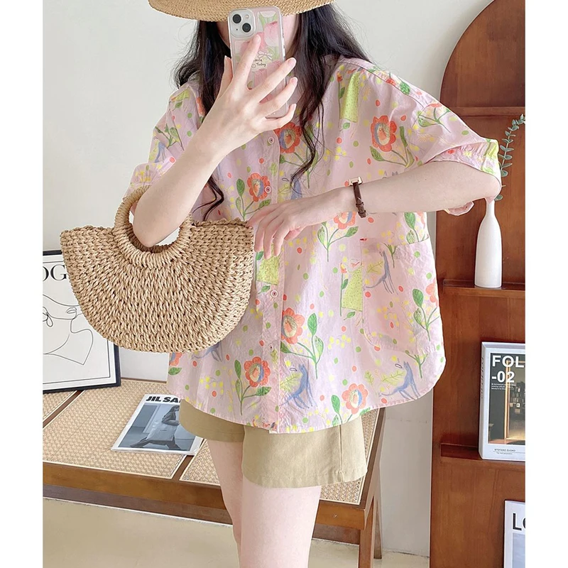 Women's Trendy Floral Print Oversized Button Up Shirt 2024 Summer Holiday Sweet Kawaii Harajuku Blouse Casual Short Sleeve Tops