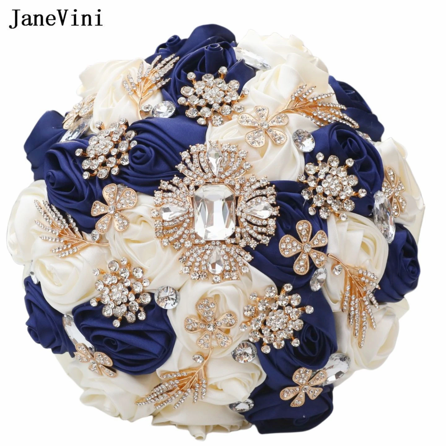 JaneVini Bling Diamond Ribbon Flowers Navy Blue Ivory Artificial Bridal Bouquets Luxury 2023 Wedding Brooch Bouquet Accessories