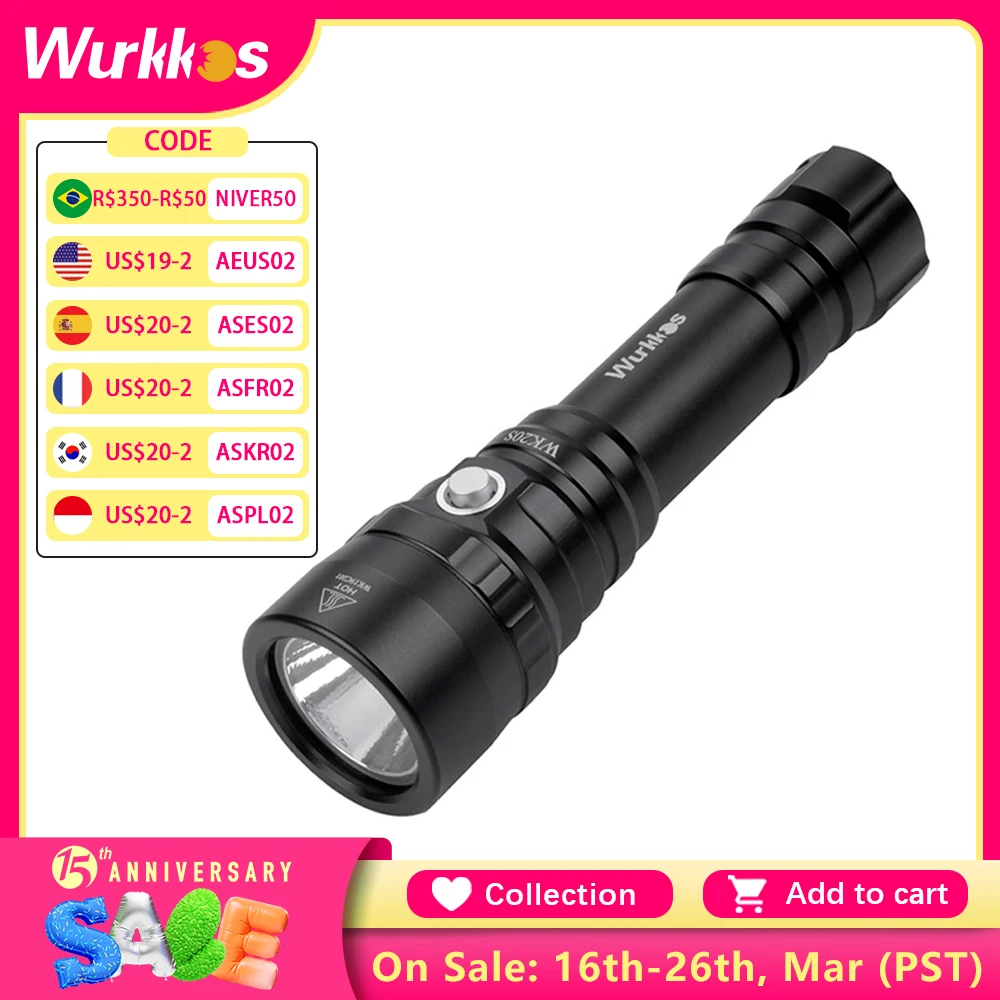 Wurkkos WK20S Powerful Diving Flashlight IPX8 Waterproof Scuba Dive Light Rechargeable Max 2000 Lumen SST40 HD LED 4 Modes