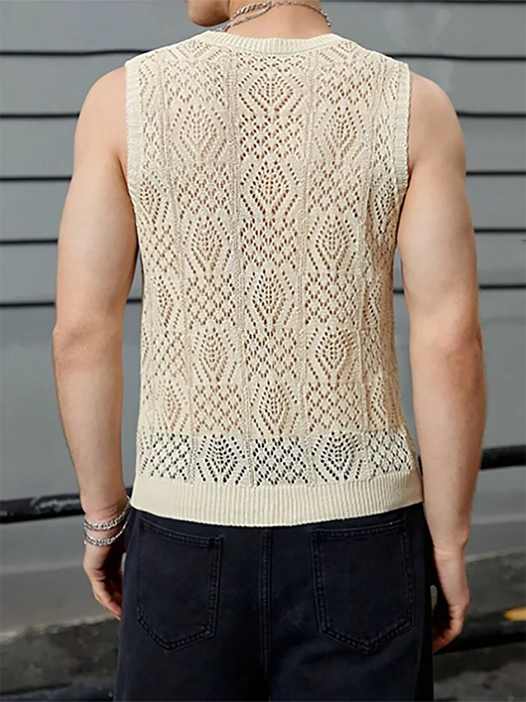 2024 New Sleeveless Loungewear Fashion Sweaters, Men Summer Simple Hollow Out Tops, O-Neck Patchwork Solid Male Vest Streetwear