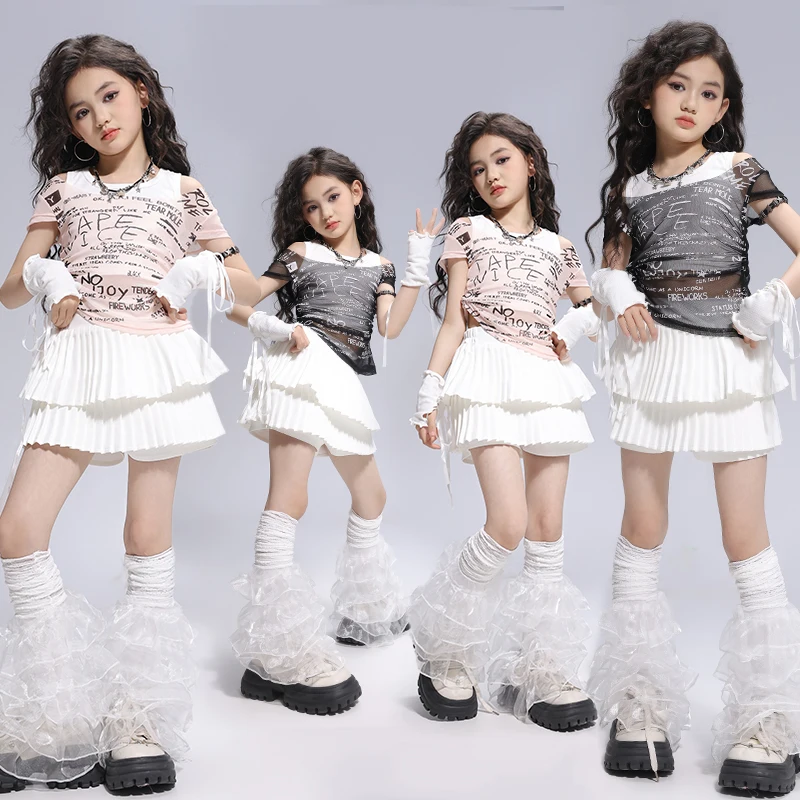 Hip Hop Girls K-pop Mesh Crop Top Shirt Street Dance Tiered Skirts Kids Streetwear Child Jazz Costume Girl Group Clothes Sets