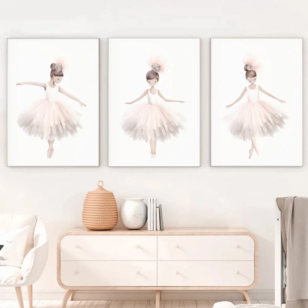 Pink Ballerina Toddler Ballet Girl Dance Cartoon Poster Wall Art Pictures Canvas Painting Nursery Baby Bedroom Home Decor