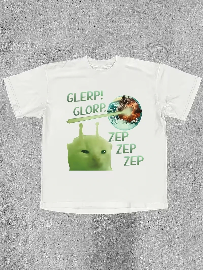 Divertida camiseta retro con estampado del alfabeto de gato alienígena |   Patrón de frijol de cerezo, camiseta con diseño gráfico de gato "No Brain", camisetas unisex para uso diario