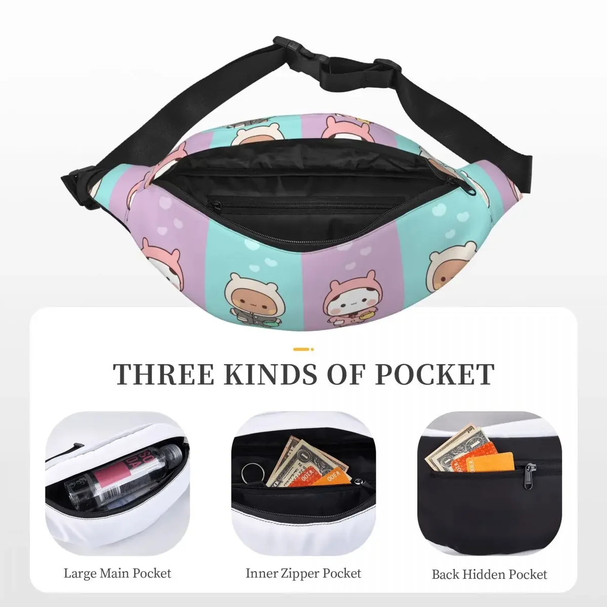 Dudu Bubu Mochi Peach Cat Funny Fanny Pack Men Women Panda Bear Hug Sling Crossbody Waist Bag Camping Phone Money Pouch