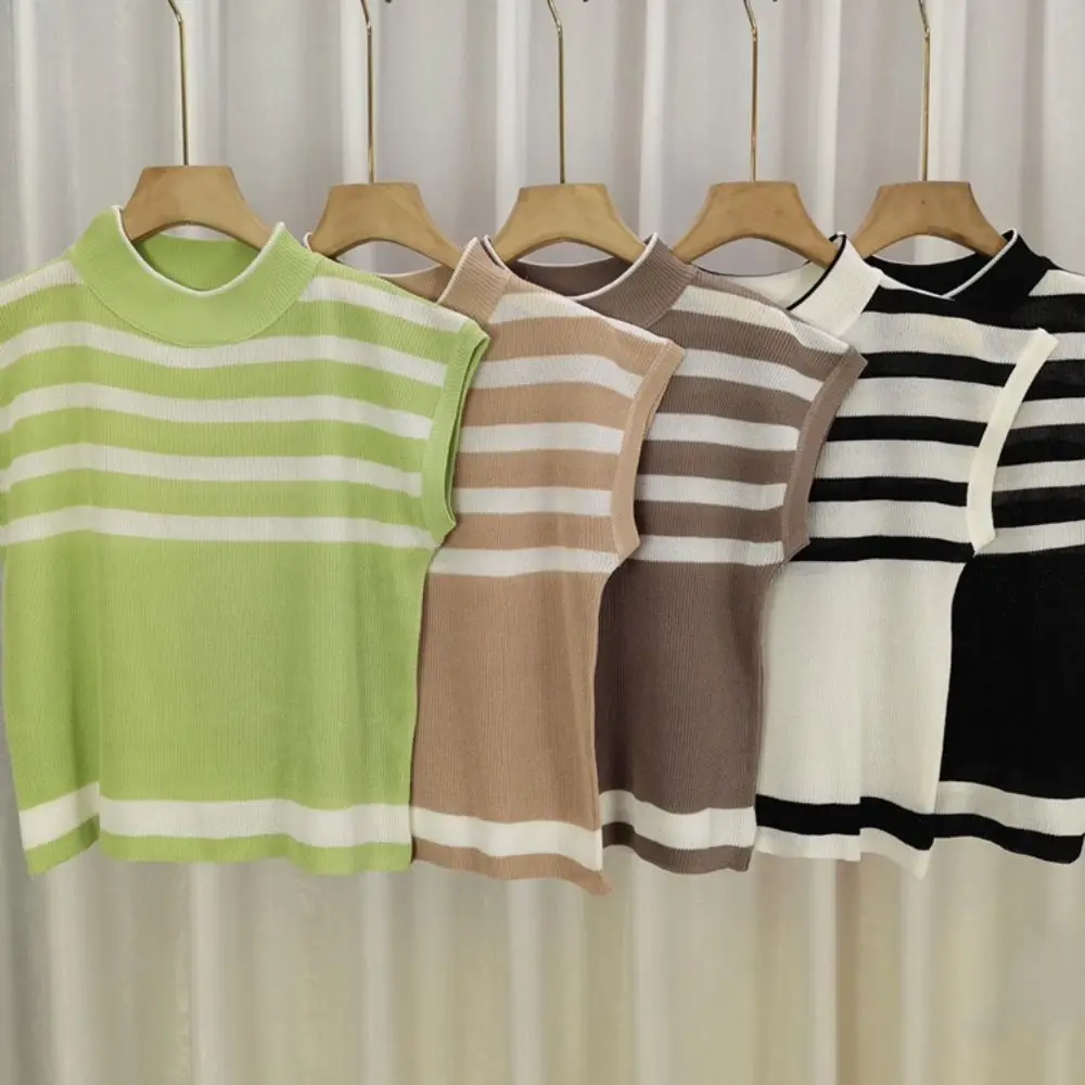 Fashion Short Sleeve Knitwear Crop Top Loose Female Clothing Stripe Knitted T-shirt Ins Bottoming Shirt Casual Top Women Summer