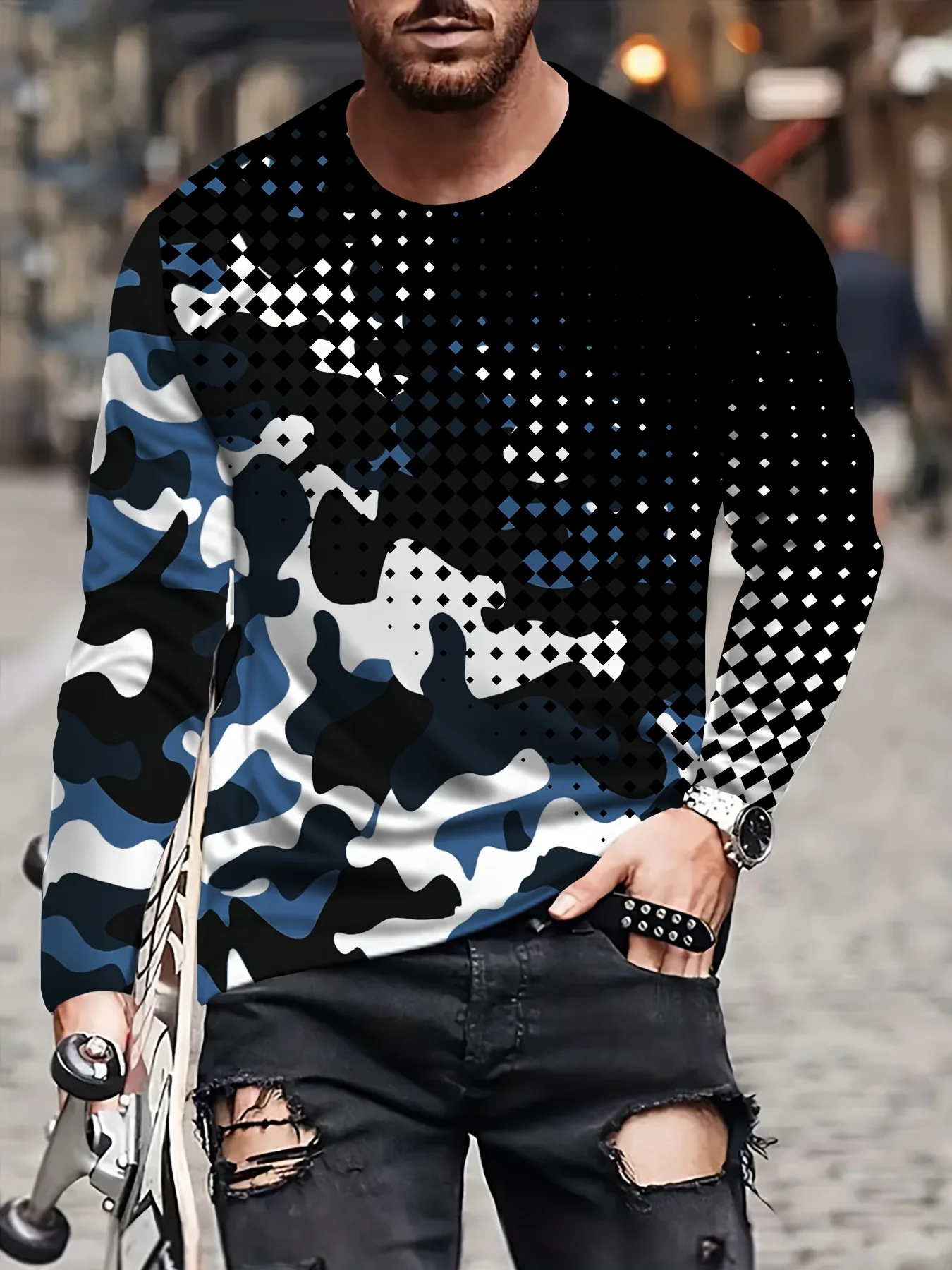 

Men'S 3D Flame Rose Print Long Sleeve T-Shirt, Geometric Pattern Knit Fabric with Slight Stretch。