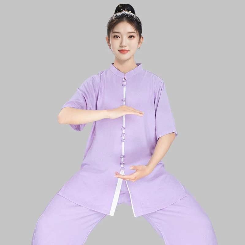 Women's Premium Summer Tai Chi Uniform - Ice Silk Short Sleeve 2PC Set for Martial Arts & Baduanjin (Purple, Unisex)