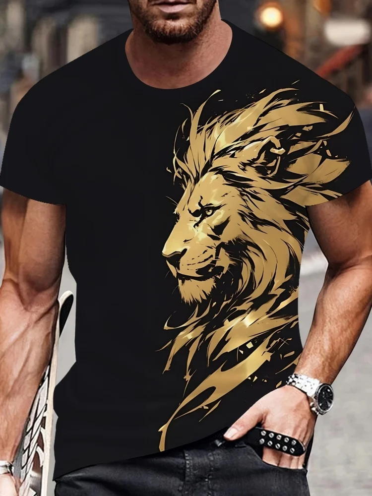 Camiseta holgada informal de verano para hombre, Top de manga corta para deportes al aire libre, camiseta urbana con estampado de León en 3D para hombre