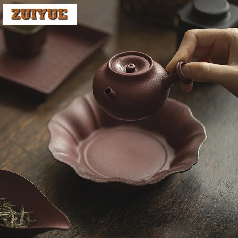 220ml Handmade Purple Clay Teapot Holder Japanese Flower Mouth Fruit Plate Dry Brew Table Tea Tray Dessert Candy Dish Teaware