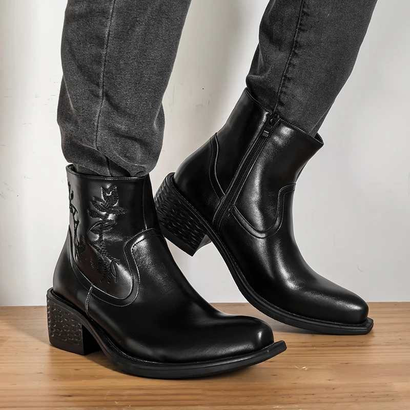 Casual Men's Chelsea Short Boots Sharp Toe Side Zipper Derby Upturned Toe Low Top High Help Men's Boots Rubber Outsole