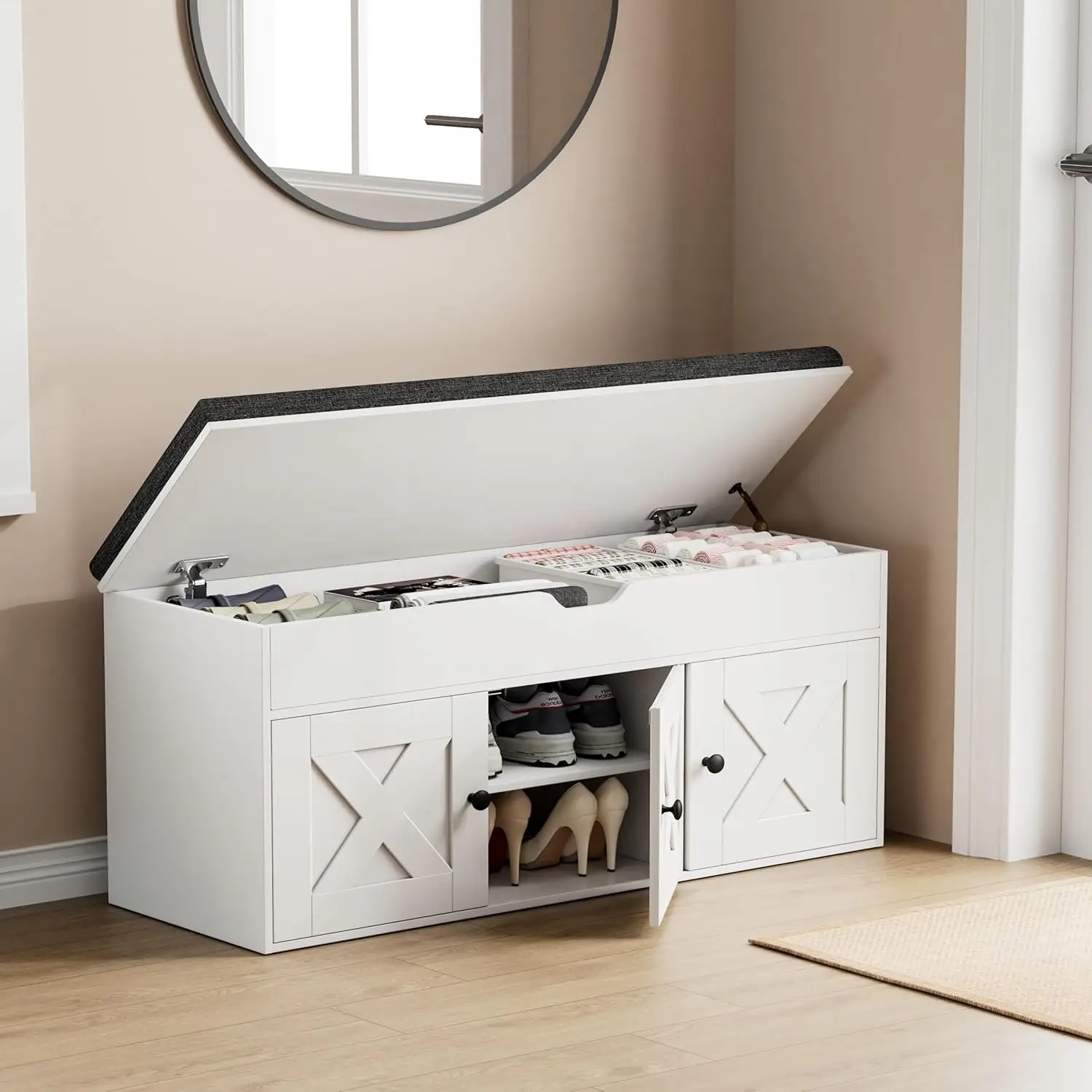 

Шкаф для обуви в прихожей, скамейка с подъемной верхней частью, 3 двери сарая, регулируемая полка, скрытое хранилище для прихожей, гостиной, спальни, белый цвет