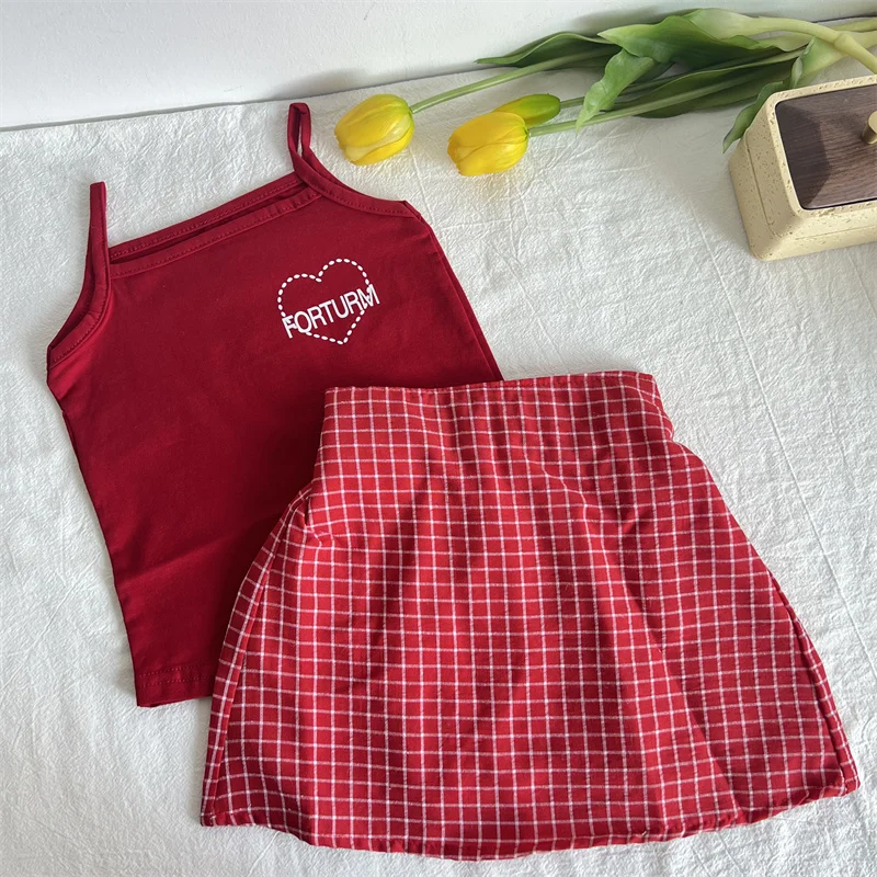 Summer Kids Boutique Clothes Baby Girls Cute Red Heart Embroidery Suspenders + Plaid Skirt 2 Piece Sets Kawaii Outfit Set 2-8y