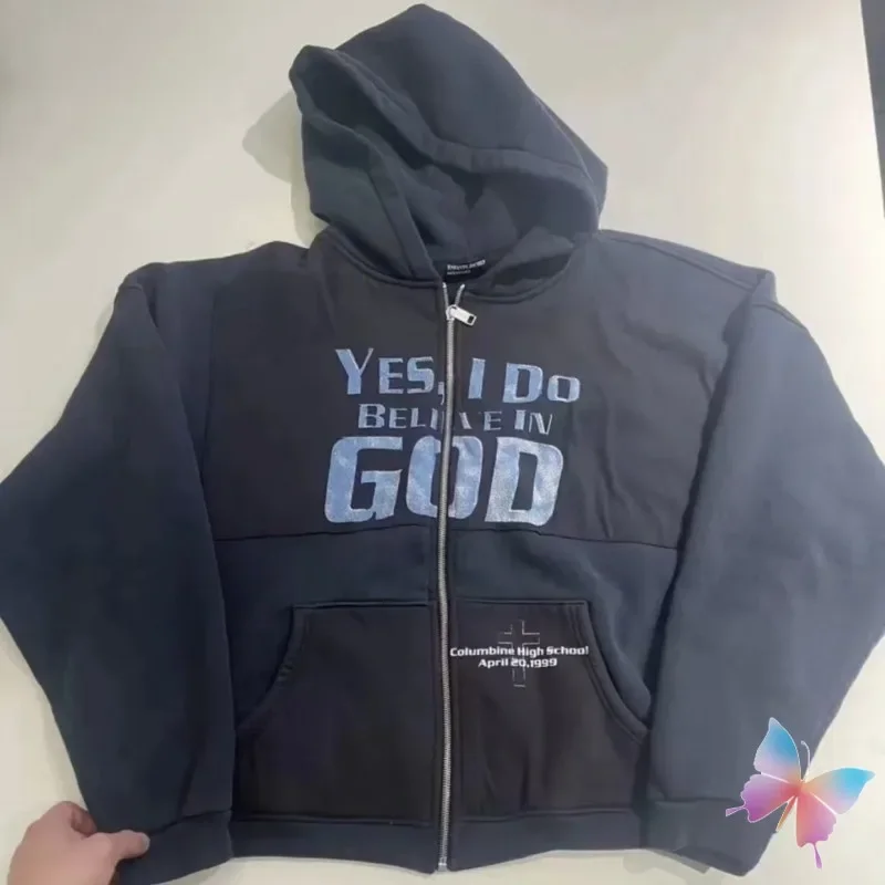 24ss I Believe in God ERD Jacket Vinatge Washed Letter Print Patchwork Zippered Hoodie Hiphop Street Men Women Sweatshirts