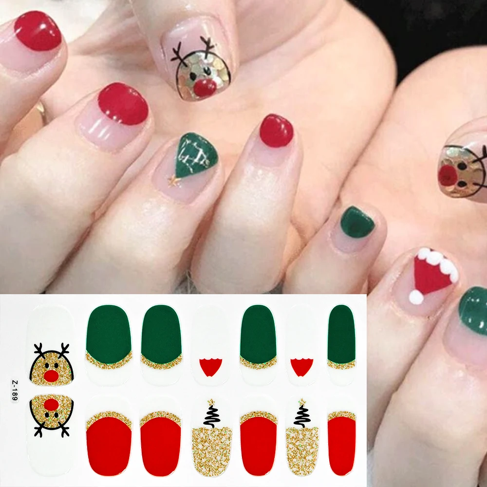 1 stks Kerst Rood Groen Volledige Cover Nail Sticker Plaid Streep Kerstman Nail Art Decals Sneeuwvlokken Cartoon Manicure Decoratie