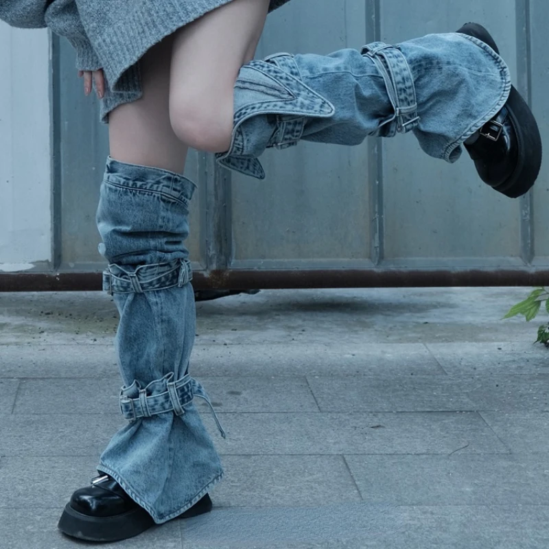 Kaus Kaki Penghangat Kaki Wanita Harajuku Kaus Kaki Tinggi Lutut Dapat Disesuaikan Denim Rock Punk Streetwear Mode Jepang Penutup Kaki Penghangat Kaki