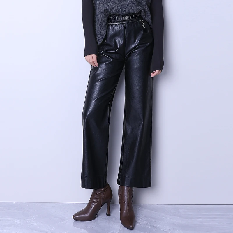 

Женские брюки с высокой талией из искусственной кожи, широкие, свободного кроя, прямые, модные, осенне-зимние, больших размеров, стройнящие