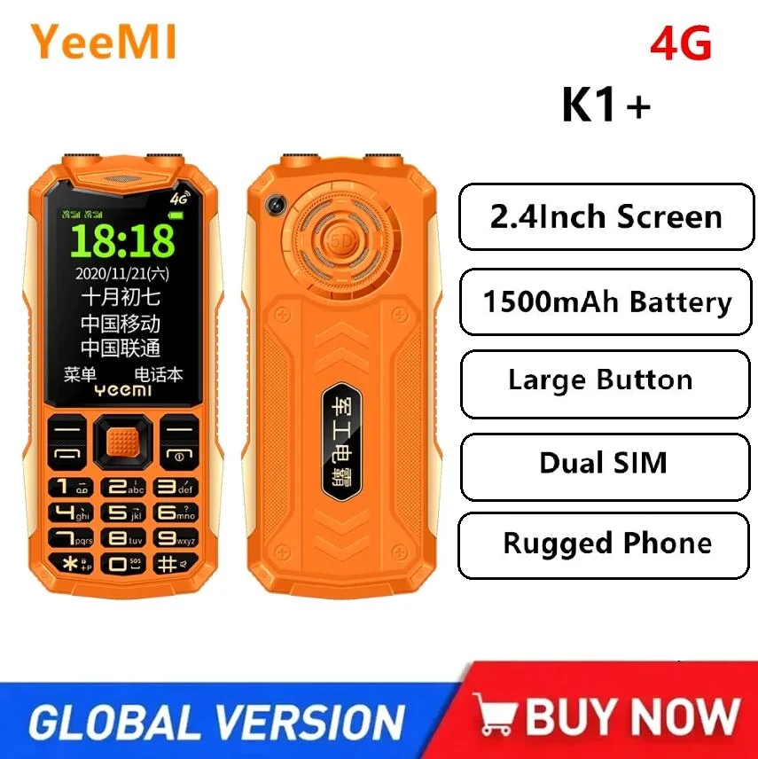 YeeMI K1+ 4G Rugged Waterproof Feature Phone 2.4Inch SOS Button Big Loudspeaker LED Light 1500mAh Battery Mobile Phone For Older