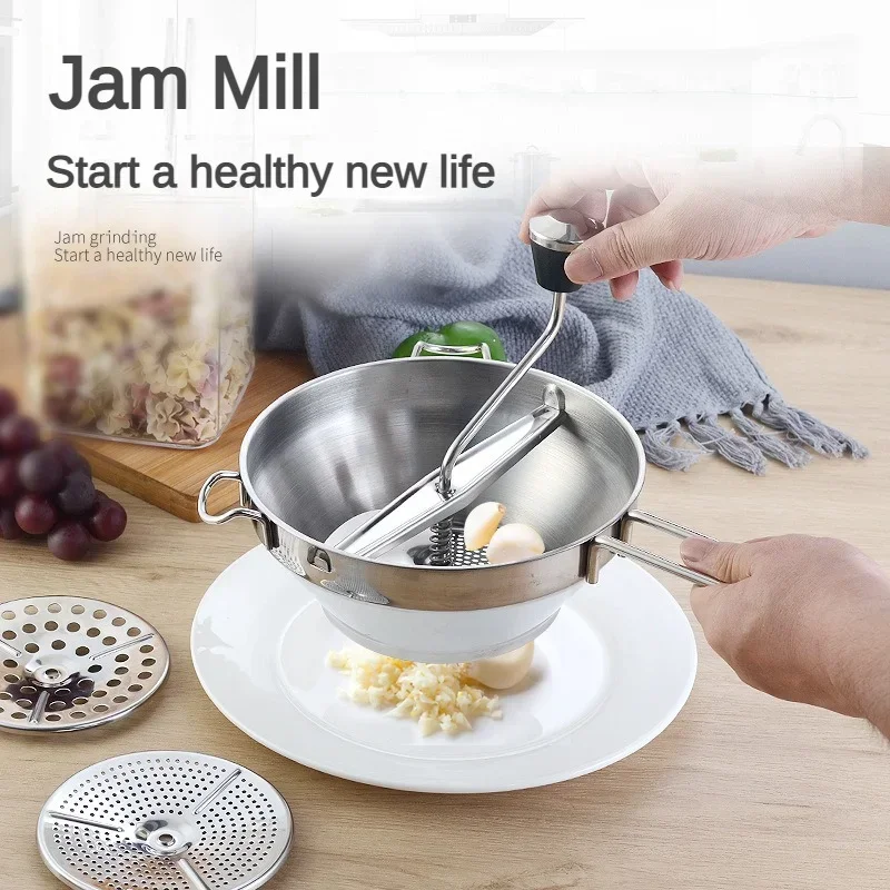 Stainless Steel Potato Masher Multifunctional Jams Mill with 3 Milling Discs Durable Manual Food Grinder Kitchen Accessories