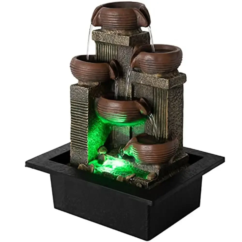 Indoor 5-Tiered Pot Water Fountain with Audible Waterfall Sounds Zen Gift LED Therapy Relaxation Meditation