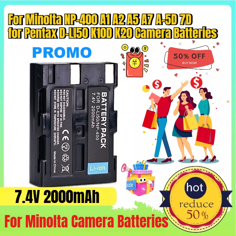 

7.4V 2000mAh for Minolta NP-400 A1 A2 A5 A7 A-5D 7D for Pentax D-LI50 K10D K20 Camera Batteries