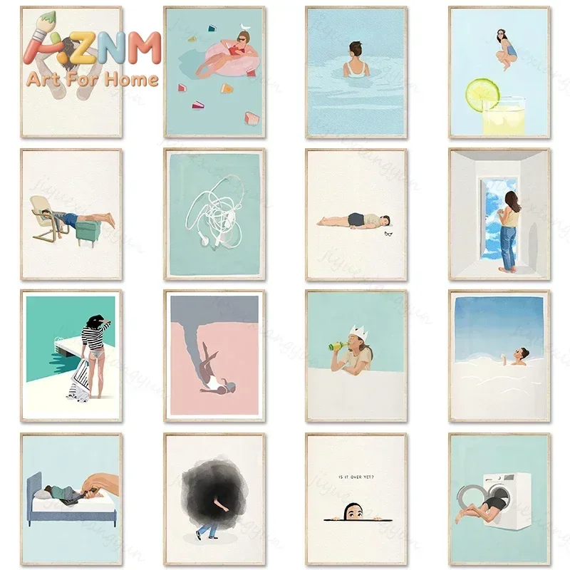 Modern Abstract Wall Art Swimming Girl Minimalist Living Creative HD Canvas Poster Prints Living Room Bedroom Home Decor