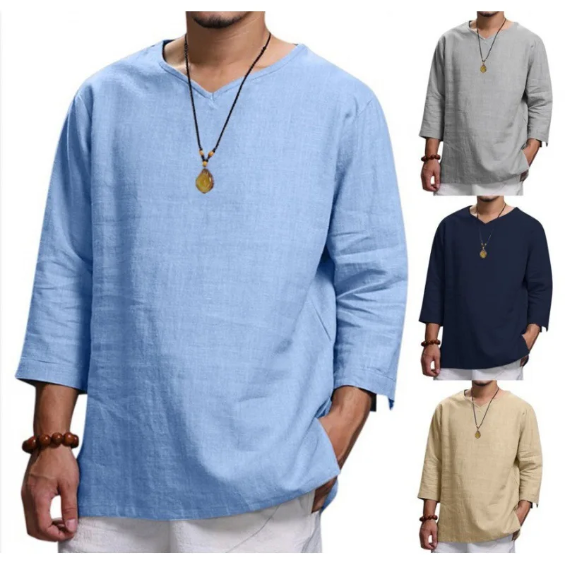 

Men's Clothing, European and American Men's V-neck Pullover, Long Sleeved Top, Cotton and Linen Casual Loose Shirt, Men's