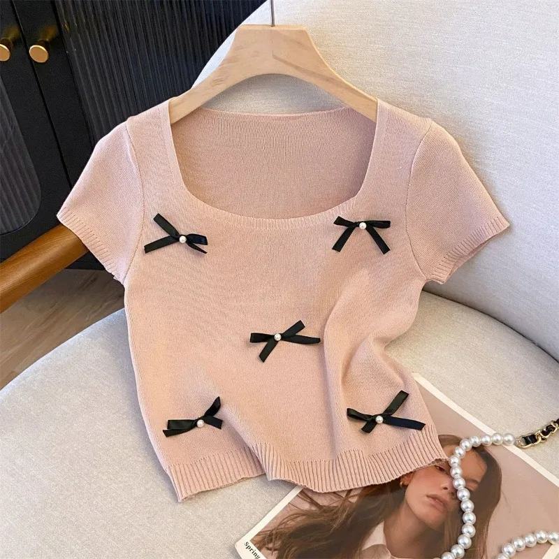 

Gentle Sweet Bow French Square Neck Knitted Short-sleeved T-shirt Women's Summer Daily Short Versatile Slim Ins Top