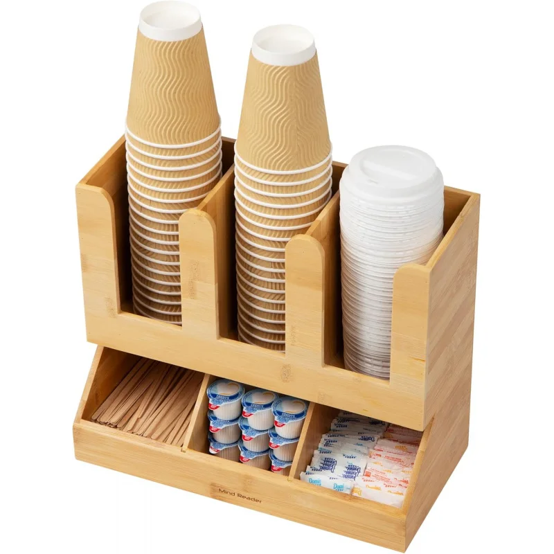 Cup and Condiment Station, Countertop Organizer, Coffee Bar, Kitchen, Bamboo, 13.625