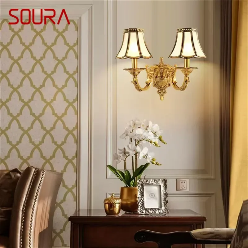 SOURA-Contemporary Brass Wall Lamp, Retro americano LED, Sala, Quarto, Sala De Estudo, Hotel, Villa, Quarto Modelo, Hall Way, Corredor, Alta