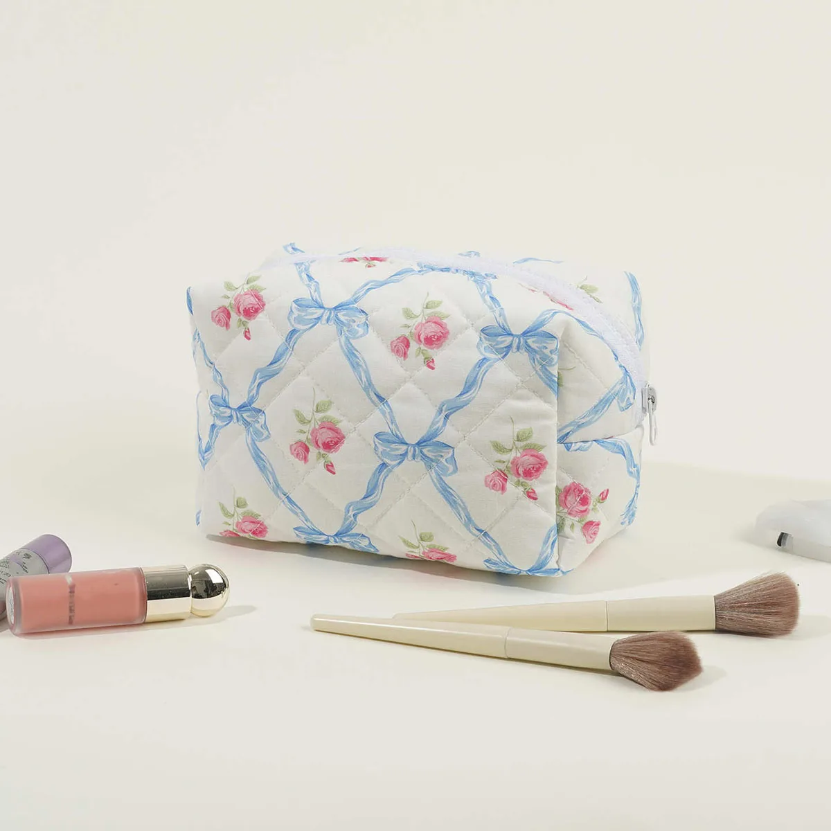 Cotton Quilted Makeup Bag with Large Capacity Bow Print Rose Storage Wash Bag