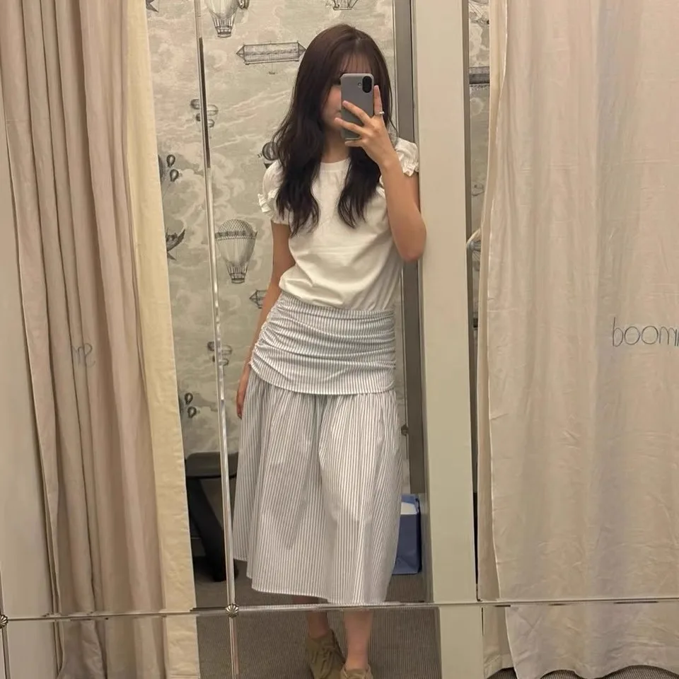 Rok Lipit Dua Lapis Smoothmood Wooden Ear ort Sve untuk Wanita, Koleksi Musim Gugur 2025 Ele Sle Musim Panas