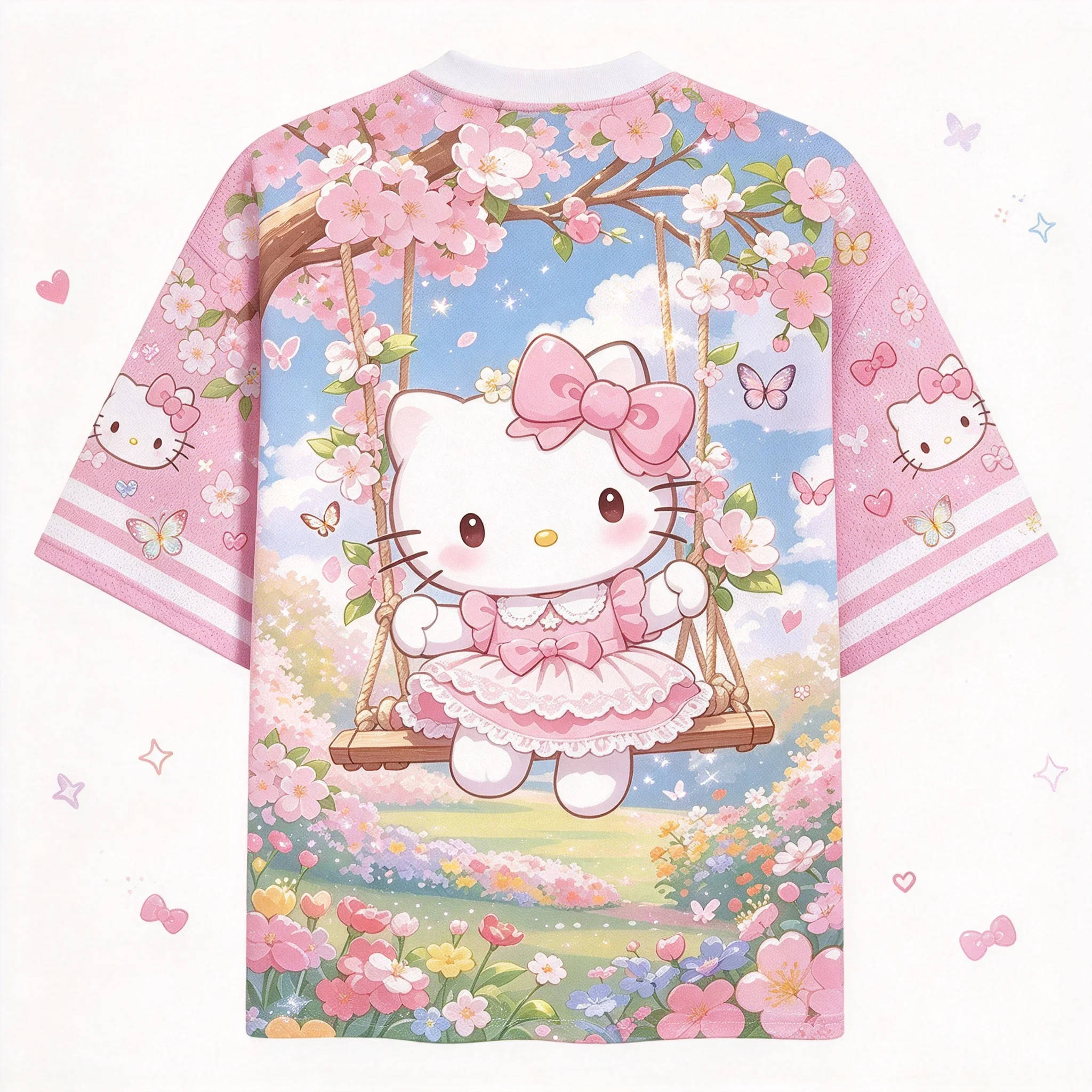 Hello Kitty Sakura Garden Graphic Mesh Jersey, Pink V Neck Sport Top, Flower Butterfly Cute Print Oversized Casual Shirt