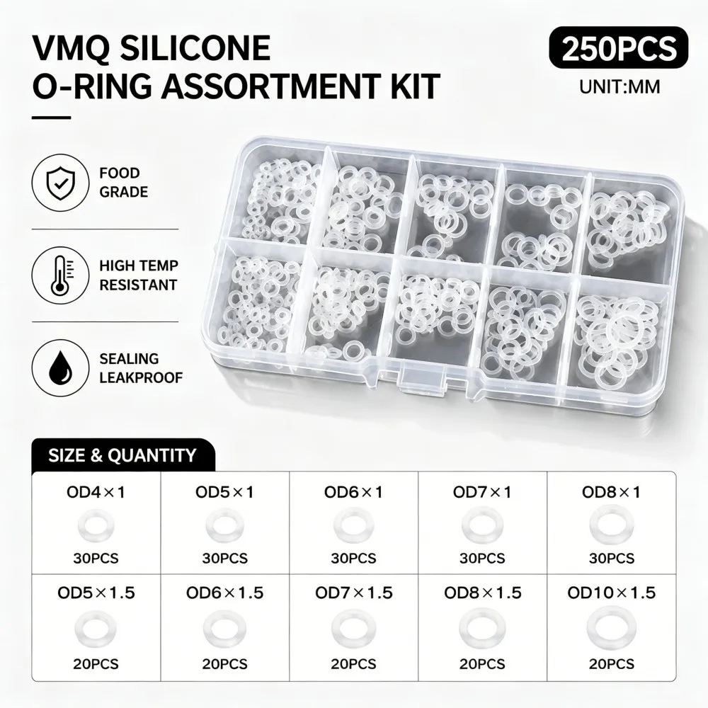 250PCS Non-Toxic Food Safe White VMQ Silicone Seal O-Ring Set High Temperature Resistant Gaskets CS1/1.5mm OD 4-10mm