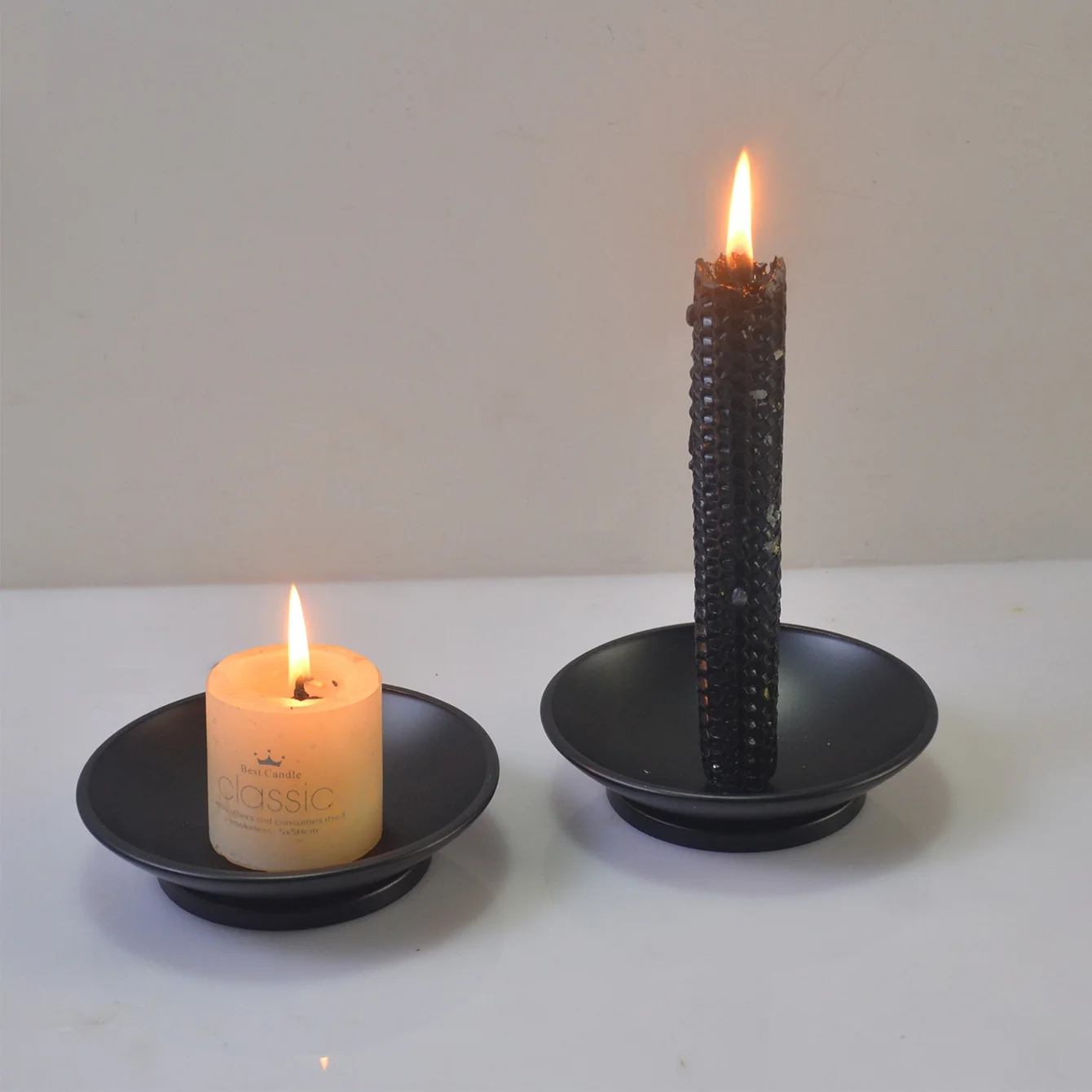 Suporte de vela de placa de ferro para coleção de casa, placa de vela decorativa preta de pilar de ferro, suporte de vela de pedestal para LED e cera ca