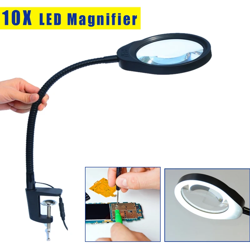 

Flexible 5X 8X 10X EU US Plug 48 LED Light Magnifying Glass Illuminated Magnifier Lamp Loupe Reading/Rework/Soldering Table Lamp