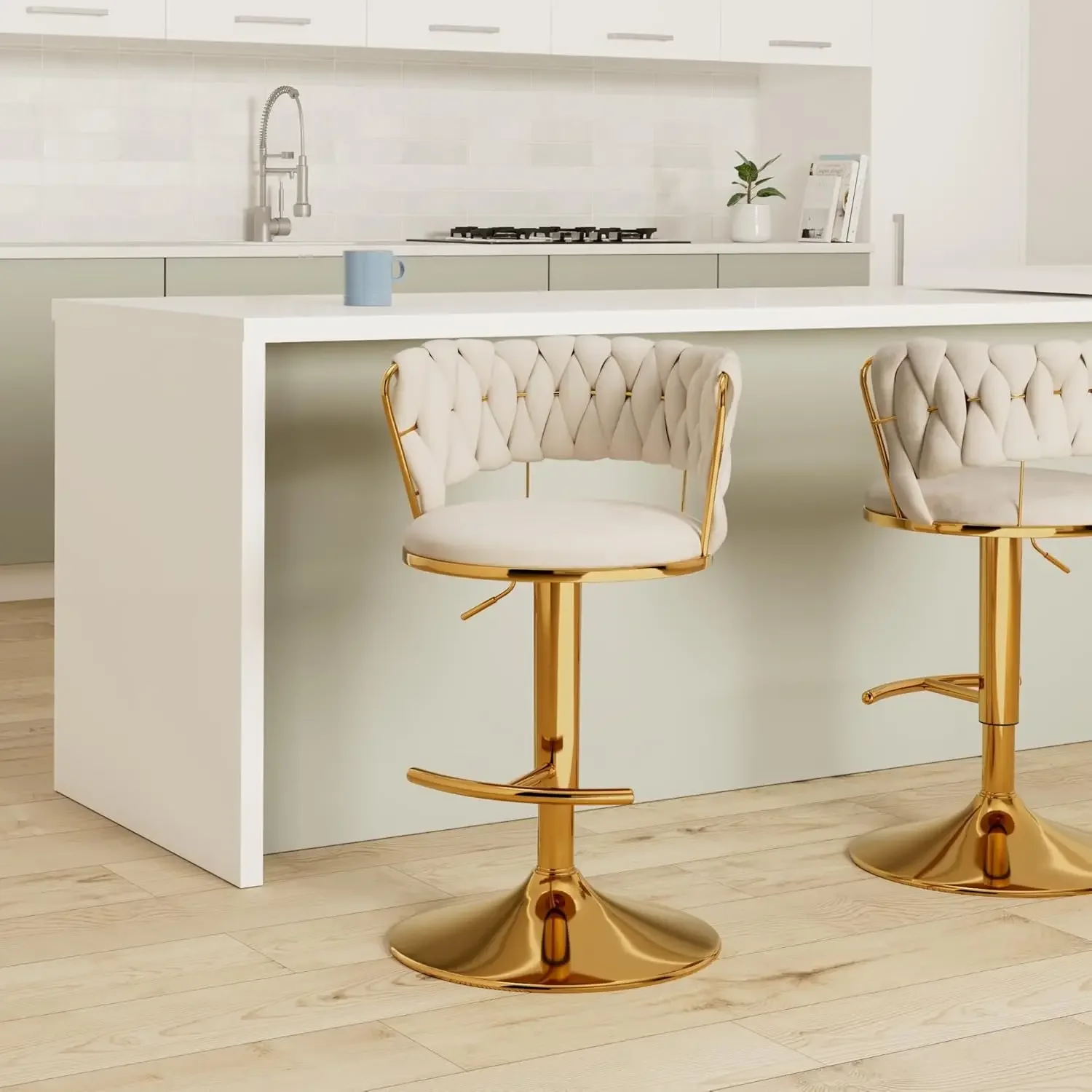 Gold Bar Stools Set of 4, Counter Height Bar Stools with Low Back, Velvet Adjustable Height Barstools, 360° Swivel Bar Stools