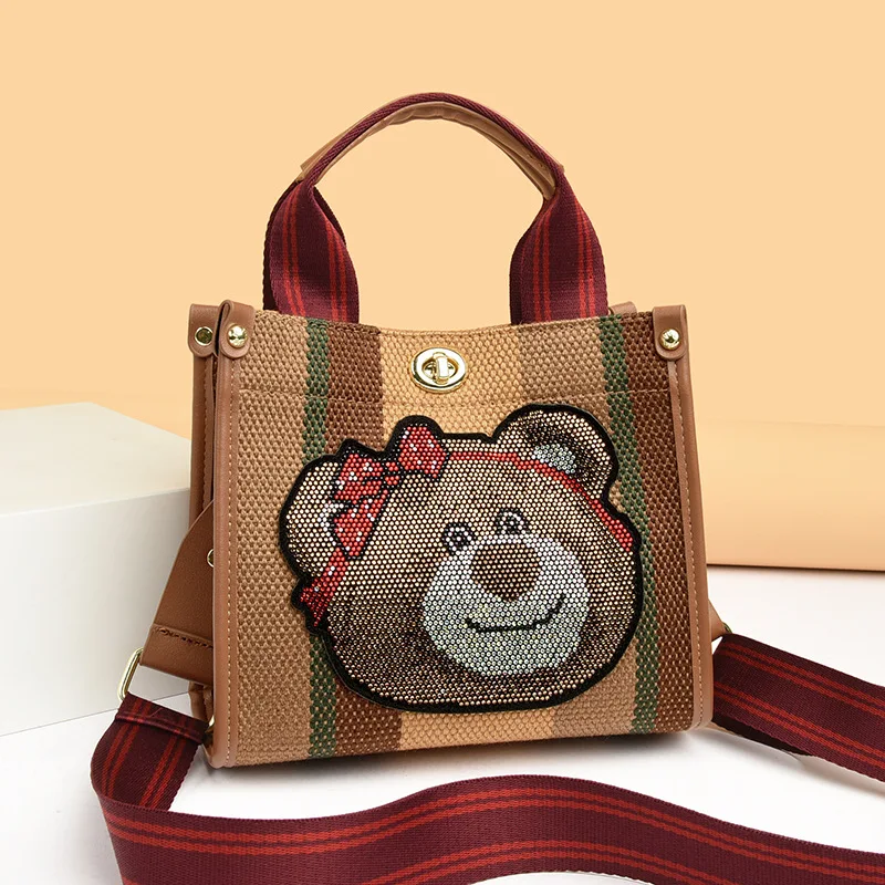 

2025 Bear Print Tote Bag Women Spacious Wide Strap Shoulder Crossbody Purse Live Stream Trendy Fall Winter Handbag