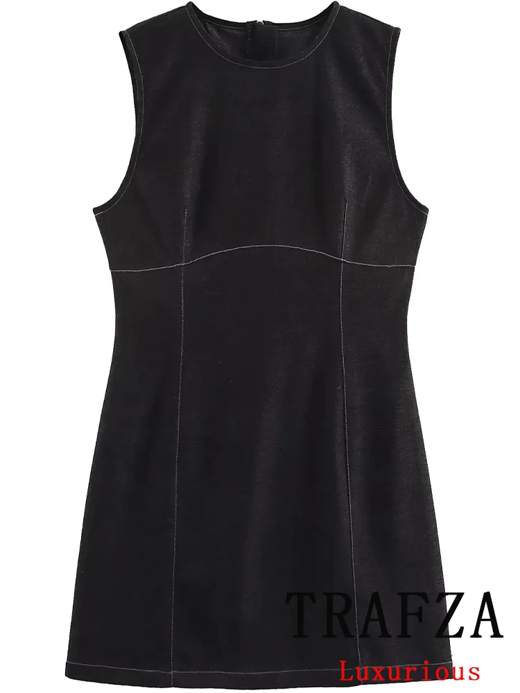 

TRAFZA Sexy Casual Chic Women Dress Denim Solid Sleeveless O-Neck Zipper Mini Dress New Fashion 2025 Spring Summer Female Dress
