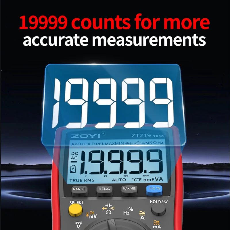 ZOYI ZT219 Digitales Multimeter 19999 Anzeigen True RMS Automotive Elektrik Transistor Kondensator NCV Tester Professionelles Messgerät – Detail 4