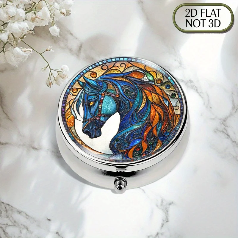 Single-piece flat portable round metal pill box, adorned with exquisite horse stained glass patterns, intricate details, stylish pill storage design, suitable for storing vitamins and accessories, a perfect gift for Father's Day or Valentine's Day, flat style