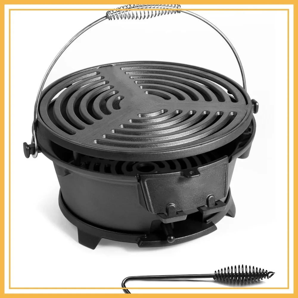 

Portable Round Mini Hibachi Grill, Outdoor Camping Charcoal Barbecue, 100% Cast Iron, Durable with Coal Door, Ideal for 2