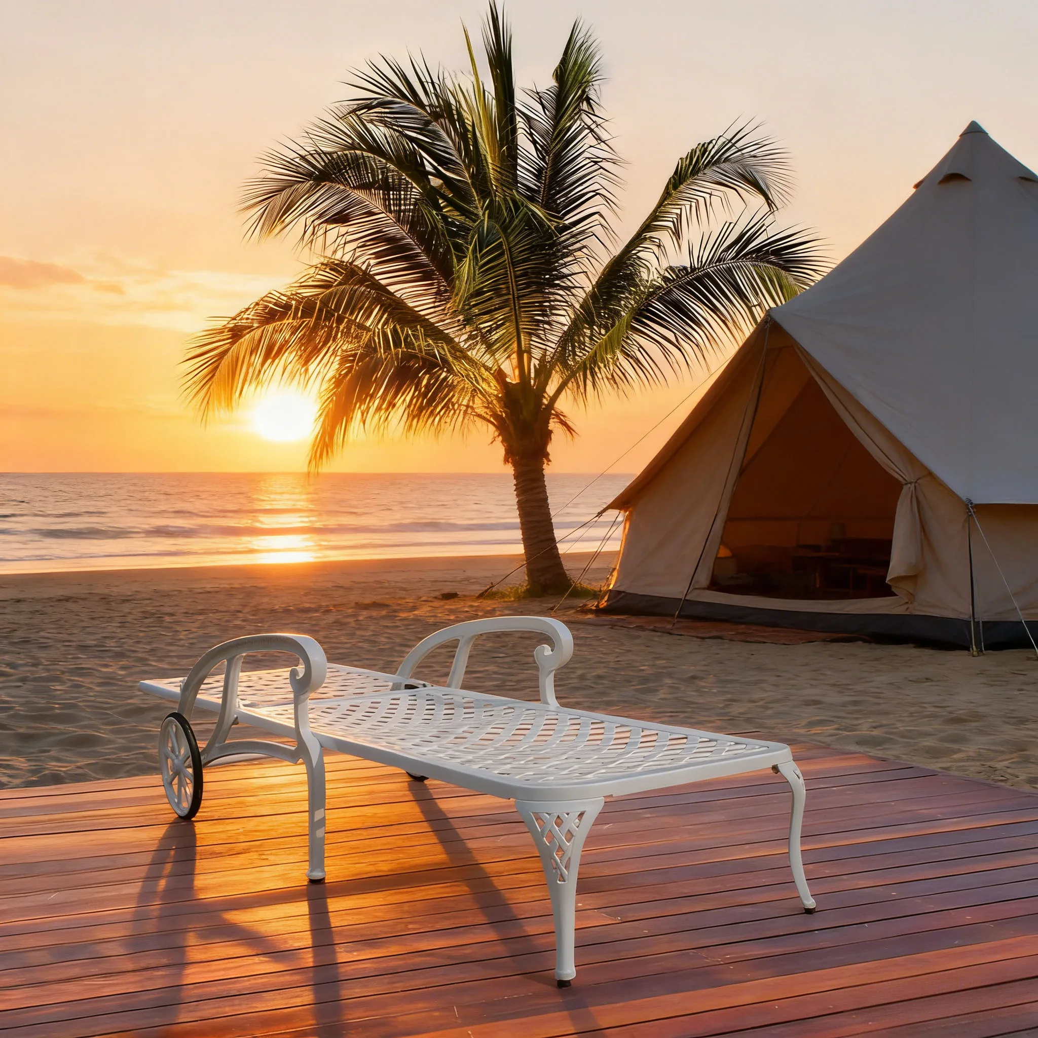 Reclining Backrest Lounge Chairs Cast Aluminum Frame Adjustable Rolling Leisure Chair for Outdoor Beach Camping Balcony Poolside