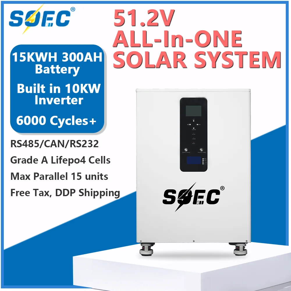 SOEC 20KW 15KW 10KW lithium LiFePO4 battery 48v 200ah 300AH 400AH 51.2V PowerWall with BMS&10KW Inverter&MPPT 10Years Warranty