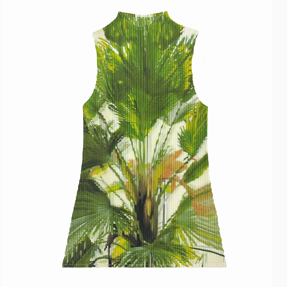 Miyake Women White Green Leaf Print Pleated Top Mock Neck Sleeveless Casual Slim Fit Blouse