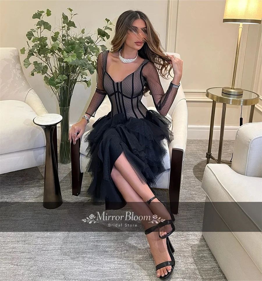 

Elegant Black Lace Ankle Length Dress Women Long Sleeve Tulle Ruffle High Slit Formal Evening Party Prom Gown Customized