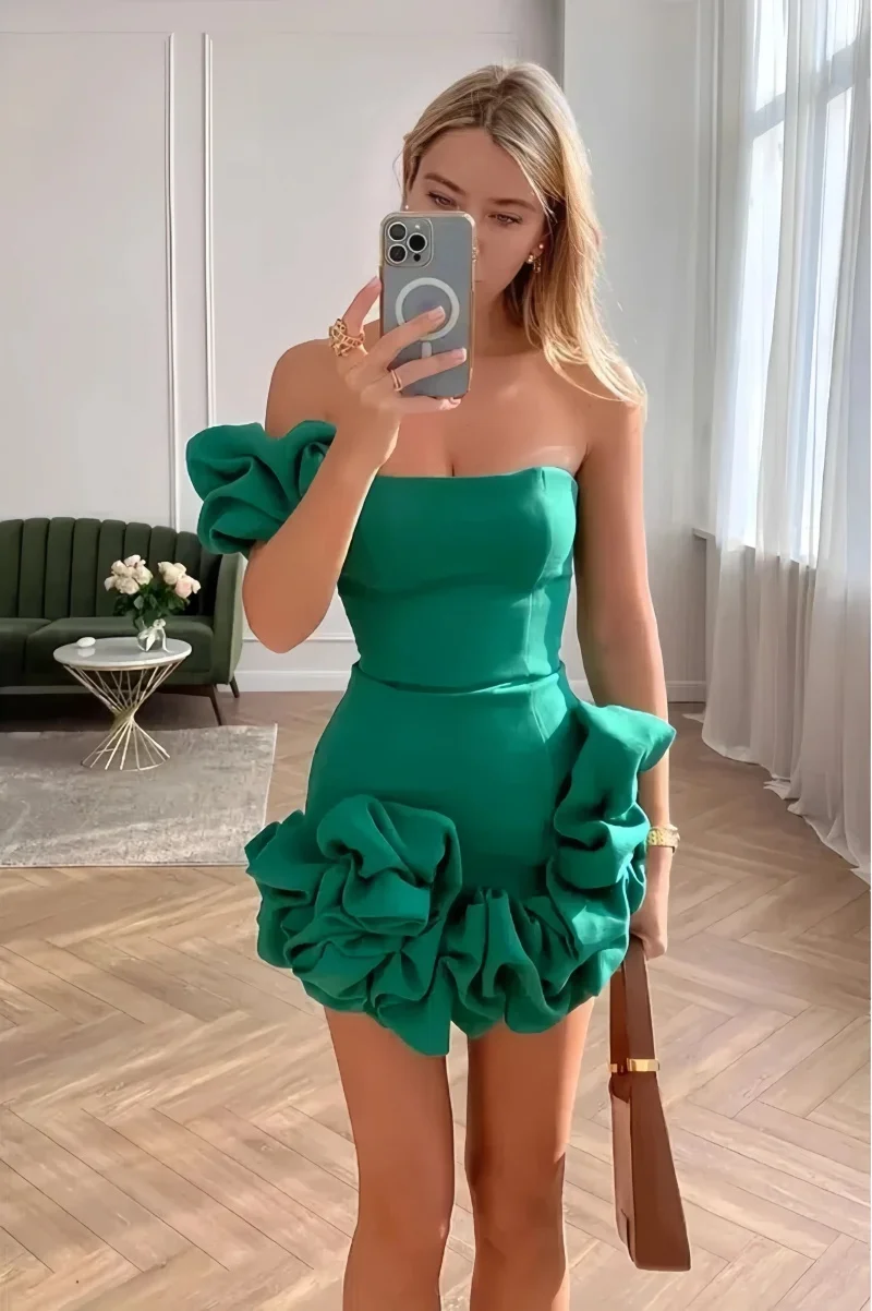 One Shoulder Homecoming Dresses for Teens Sexy Wrap Ruffles Short Formal Cocktail Party Dress Mini Length Women Birthday Dress