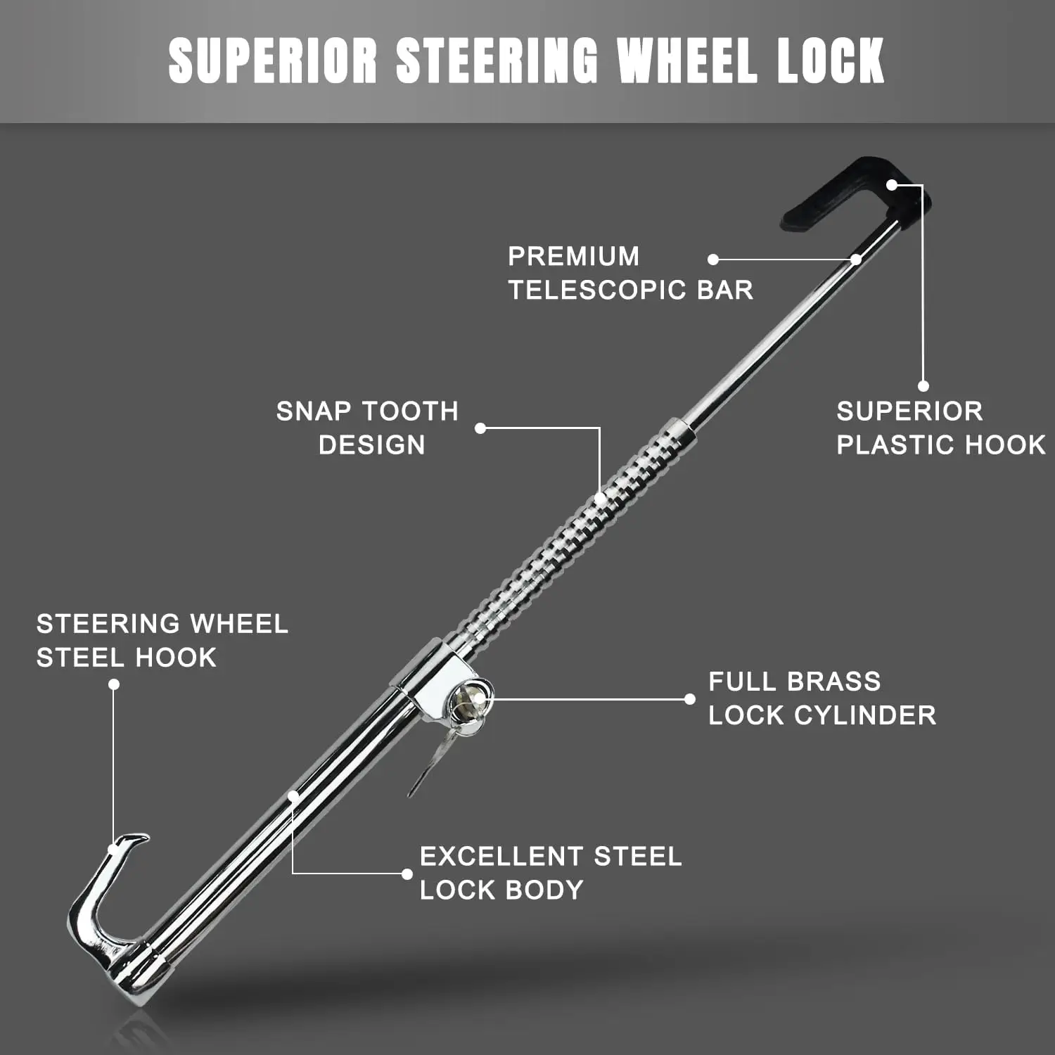 Bloqueio de volante anti-roubo, barra de bloqueio de freio retrátil, trava de pedal de embreagem ajustável para carro caminhão suv van, 2 chaves, prata